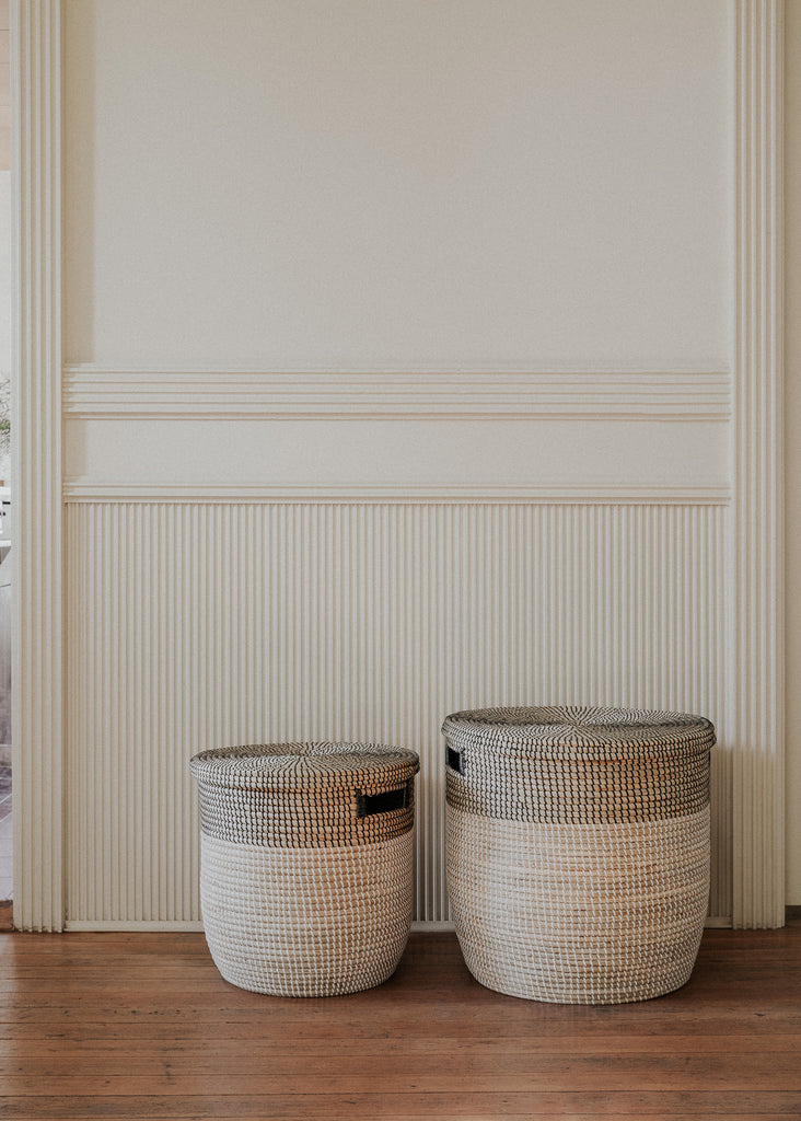 Large Black Medina Flat Lid Seagrass Basket - Large Black Medina Flat Lid Seagrass Basket