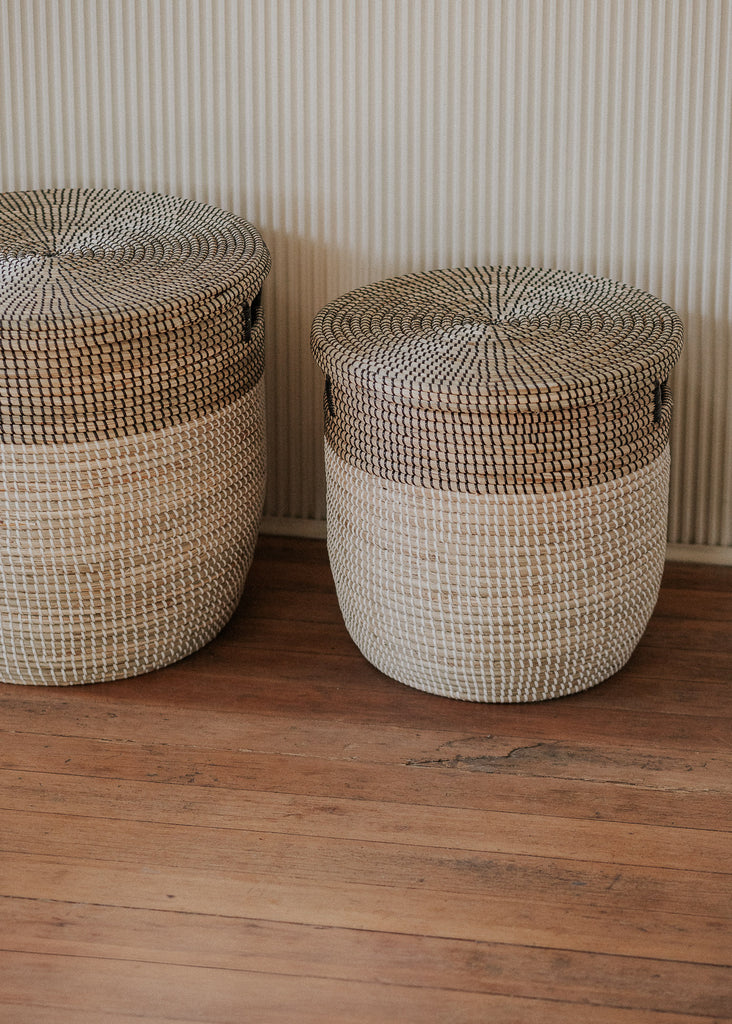 Large Black Medina Flat Lid Seagrass Basket - Large Black Medina Flat Lid Seagrass Basket