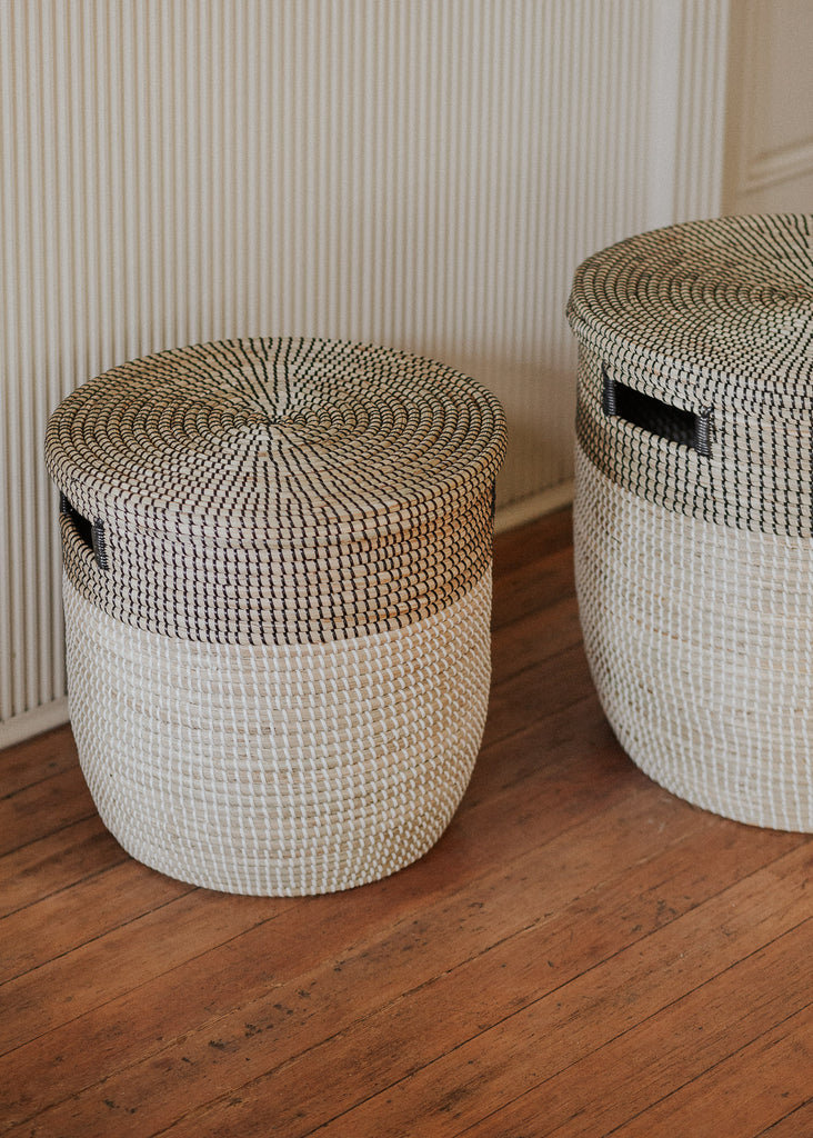 Large Black Medina Flat Lid Seagrass Basket - Large Black Medina Flat Lid Seagrass Basket