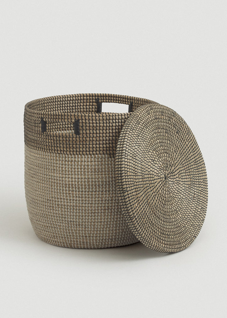 Large Black Medina Flat Lid Seagrass Basket - Large Black Medina Flat Lid Seagrass Basket