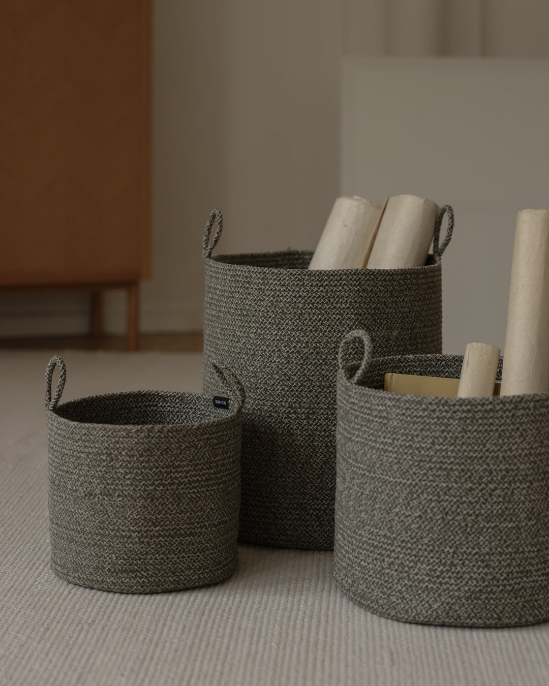 Green Melange Loops Cotton Rope Baskets - Green Melange Loops Cotton Rope Baskets